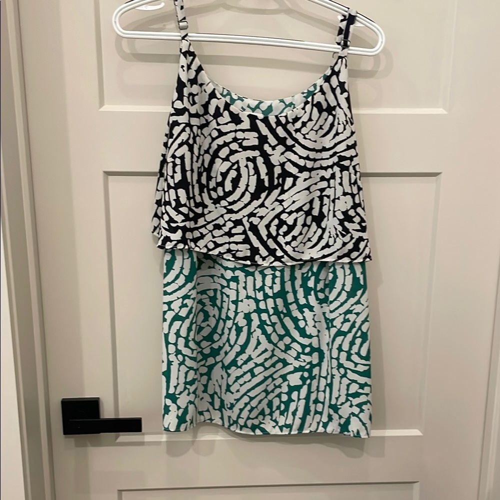 CAbi Abstract Black and White Dress with Green Highlights